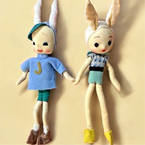 2 Vintage EASTER Bunny Rabbit Knee Hugger Ornament Japan Shelf Sitter Pose Doll